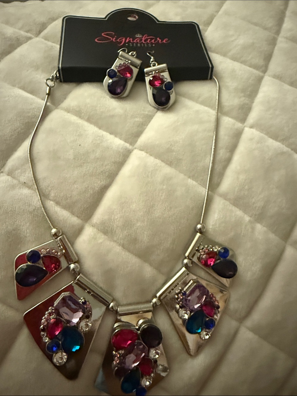 Signature Silver-Tone Necklace and Earring Set with Pink, Purple, Blue Stones